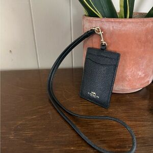 Coach Black Leather Lanyard with Gold Logo
